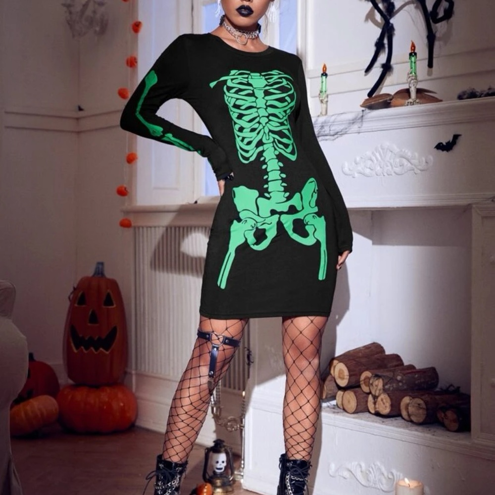 Neon green skeleton bones Bodycon stretchy dress Halloween black light resistant